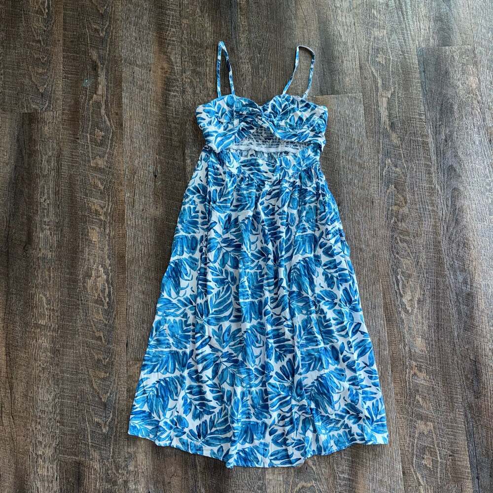 Women’s Midi Dress Blue White Tropical Leaf Cutout Small